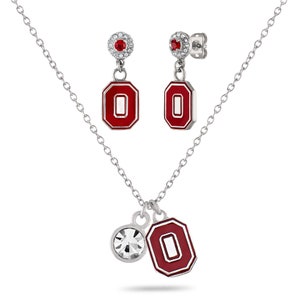 Ohio State Gifts For Women - Block O Crystal Earrings + Charm Necklace - Hypoallergenic Stainless Steel Jewelry - Ohio State Buckeye Jewelry