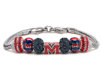 Stone Armory Officially Licensed Ole Miss Rebels Charm Bracelet – Block "M" Stainless Steel Jewelry – University of Mississippi Gift