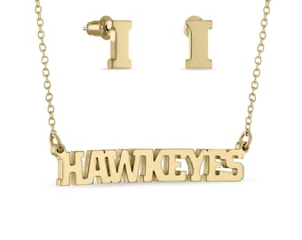 May include: Gold necklace with a pendant that reads "HAWKEYES" and a pair of gold stud earrings with the letter "I" on each.
