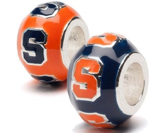 Syracuse Orange and Navy Round Bead Charm Set of Two - Fits Most Charm Bracelets Including Pandora - Stainless Steel