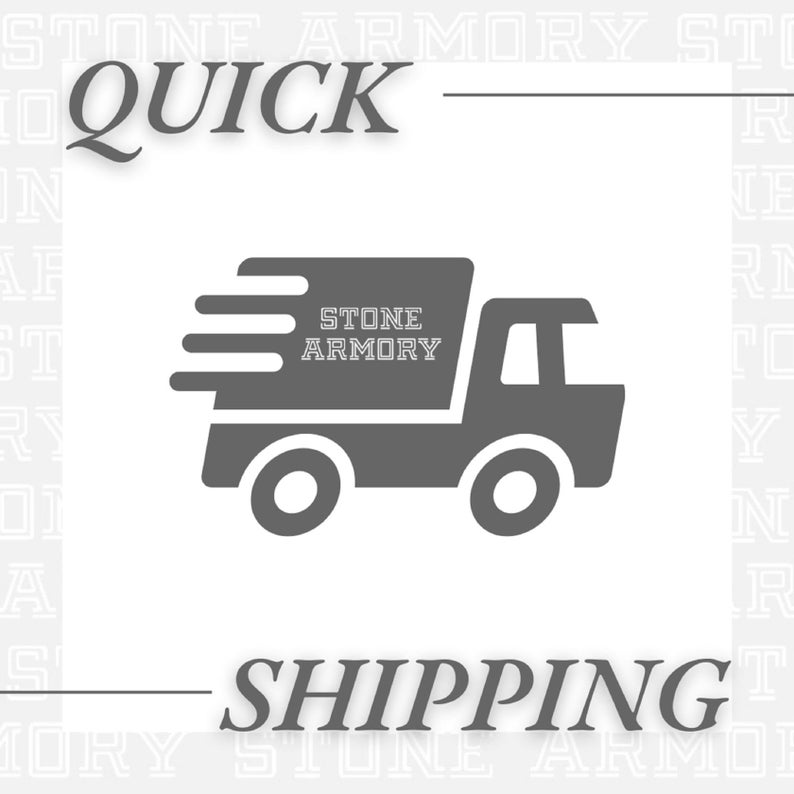 May include: A gray delivery truck with the words "STONE ARMORY" on the side, driving quickly with a white background. The words "QUICK SHIPPING" are written in black above the truck.