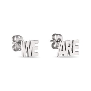 May include: A pair of silver stud earrings with the words "WE ARE" on them.