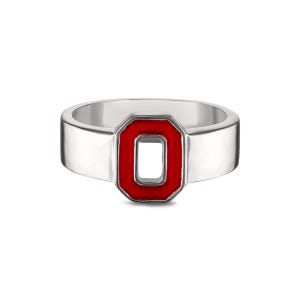 May include: Silver ring with a red enamel 'O' on the top.
