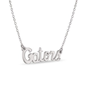 May include: Silver necklace with the word "Gators" spelled out in a cursive font.