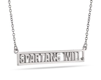 May include: Silver necklace with a rectangular pendant that says "SPARTANS WILL".