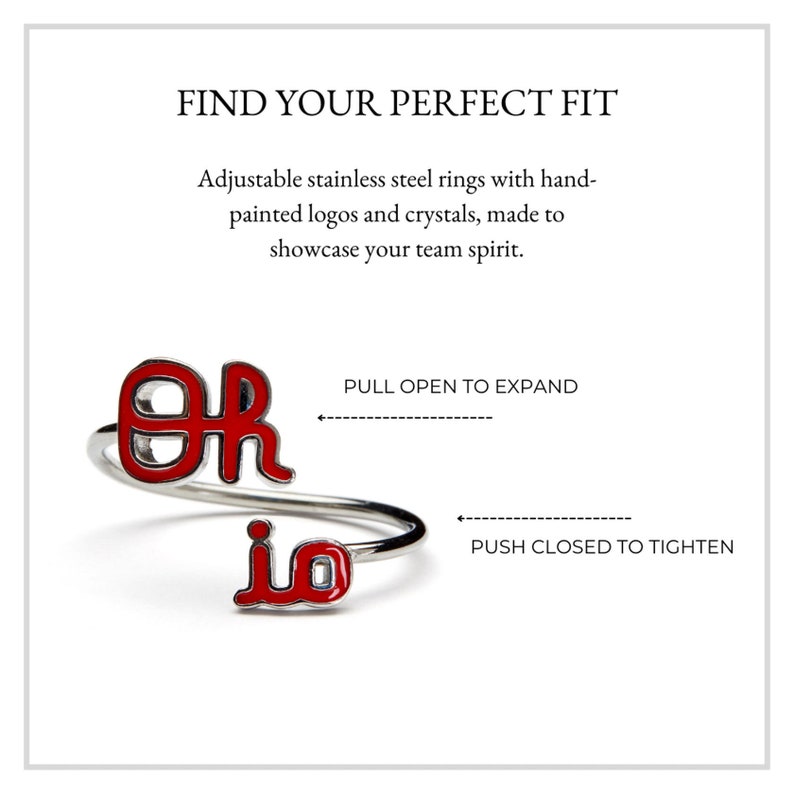 May include: Adjustable stainless steel ring with red enamel lettering that says "OR" and "IO". The ring is open and can be adjusted by pulling the ends apart or pushing them together.