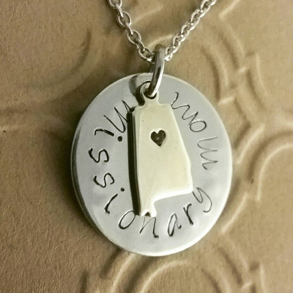 Missionary Mom US State brass charm necklace
