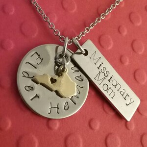Missionary Mom with solid Brass US State charm necklace- optional Name Tag or Birthstone charm!