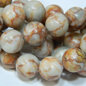 10MM Round Netstone Marble Beads - Natural Round White, Gray & Orange Netstone Marble Stone Beads - 15" Marble Bead Strand / 36 Beads #A447