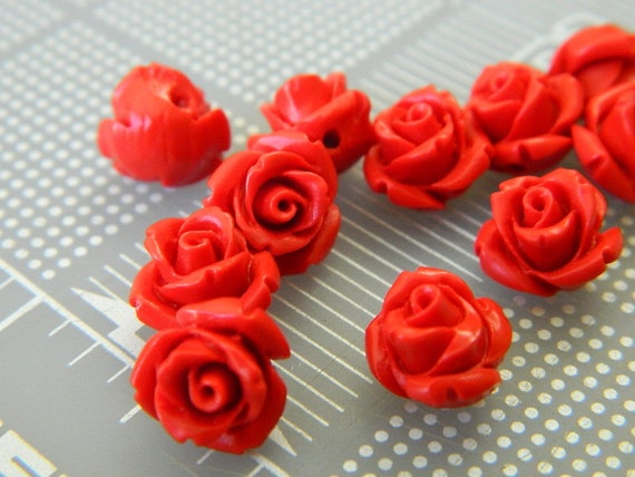Bright Red Carved Cinnabar Blessing Beads 3 Sizes Carved Lacquer-Ware Flower Floral Blessing Red Cinnabar Beads 10 Cinnabar Beads KU33
