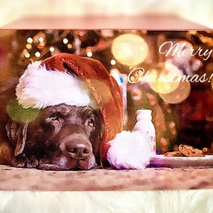 Einzigartige Weihnachtskarte Schokolade Labrador mit Nikolausmütze und Keksen für Santa "Merry Christmas", 5X7, blanko, Klappkarte, Fotokarte