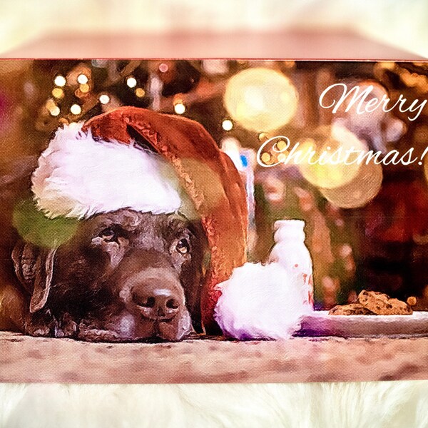 Unique Christmas Card Chocolate Labrador With Santa Hat and Cookies for Santa "Merry Christmas", 5X7, blank, folding, photo card