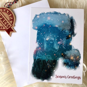 Unieke dubbele belichtingskerstkaart Chocolade Labrador met kerstmuts "Seasons Greetings", 5X7, blanco, platte fotokaart