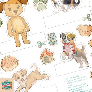 May include: Printable papercraft set featuring four different dog puppets. The set includes a brown dog, a black and white dog, a brown and white dog, and a white dog. The puppets are designed to be cut out and assembled. The set also includes a dog house, a dog food can, a dog carrier, and a pair of scissors.