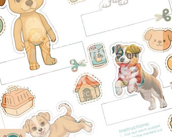 Afdrukbare puppyhond-vingerpoppen – set van 4 schattige doe-het-zelf-papierpoppen voor kinderen, digitale download voor fantasiespel, volledig gekleurd