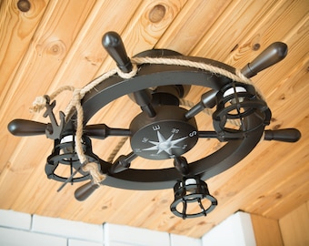 Wooden ceiling chandelier in nautical style as a ship's wheel, 3 lights with compass