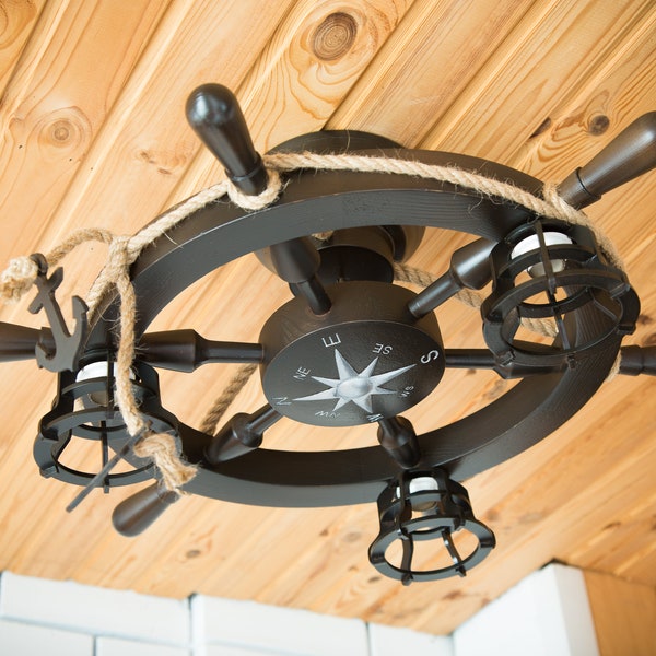 Wooden ceiling chandelier in nautical style as a ship's wheel, 3 lights with compass