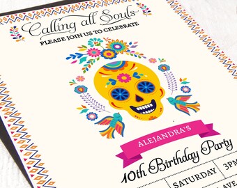 Mexican festival celebration, day of the dead, dia de los muertos  sugar skulls, theme party invite, halloween birthday party invitation