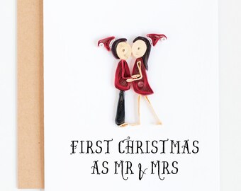 notre premier Noël en tant que carte mr et mrs, anniversaire personnalisé, carte de vacances personnalisée, carte de 1er anniversaire, première carte de vœux matelassée
