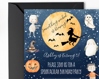 Halloween birthday party invitation, Haunted house with Witch on broomstick Halloween invite, Costume party Invite, Printable Editable Corjl