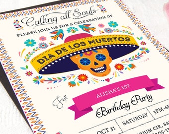 Day of the dead sugar skulls, dia de los muertos theme party invite, halloween birthday party, online editable invitation maker, corjl evite