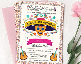 Dia de los Muertos, day of the dead sugar skulls theme party invite, halloween birthday party, online editable invitation maker, corjl evite