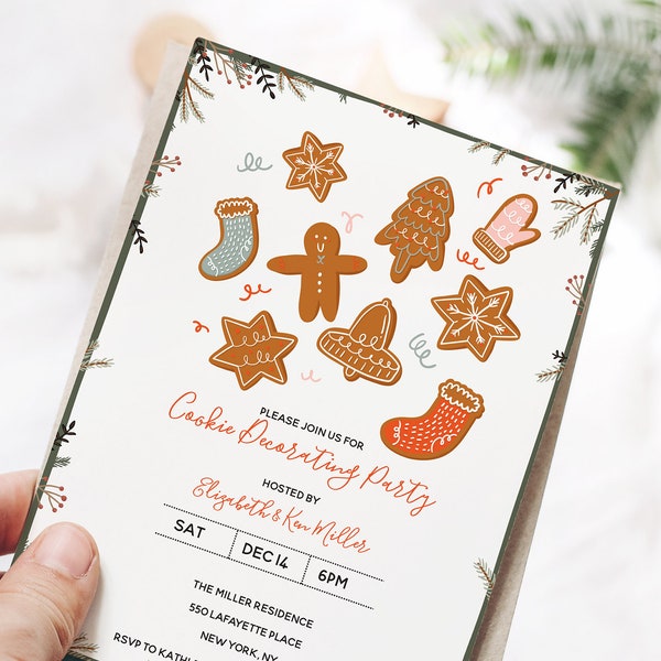 Christmas cookie decorating party invitation, gingerbread house decorating, cookie exchange, cookie swap hygge christmas party invitation