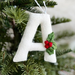 Può includere: Ciondolo a forma di lettera A in feltro bianco con un ramo di agrifoglio verde e bacche rosse. Il ciondolo è appeso a un albero di Natale verde.