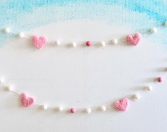 Valentine Garland, Felt Hearts, Heart Garland, Felt pom pom garland, Needle Felted Valentine Mantle Decor