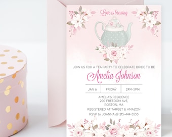 Bridal shower tea party invitation, love is brewing high tea party invitation, afternoon tea invitation, formal high tea invitation template