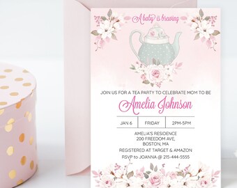 Baby shower tea party invitation, a baby is brewing invitation, floral baby shower invitation, high tea baby shower invites template, corjl