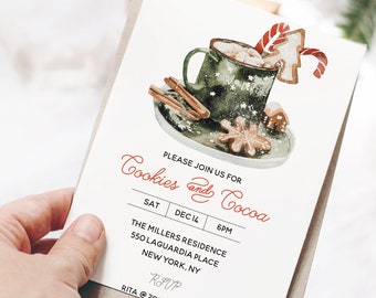 Christmas cookie and cocoa party, hot chocolate holiday party invitation, christmas party invitation template, instant download invite