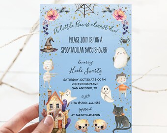 Editable Blue Halloween Baby Shower Invitation for boy, halloween baby shower ideas, halloween themed long distance baby shower invitations