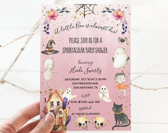 Editable Pink and gold Halloween Baby Shower Invitation for girl, baby shower ideas, halloween themed long distance baby shower invitations