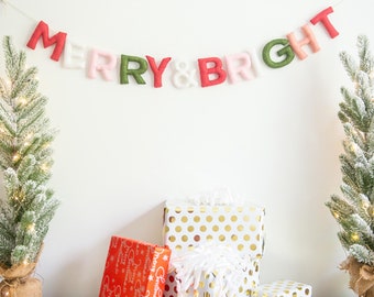 Merry and Bright Sign, Felt Christmas Garland for Mantle, Christmas Banner Garland, Christmas Mantel Decor