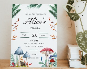 Mushroom Birthday Invitation |  Garden Birthday Party | Toadstool Forest Birthday Invite | Whimsical 1st Birthday | Editable birthday invite