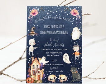 spooky halloween themed long distance baby shower invitations, gender neutral baby shower ideas, printable editable invitation template