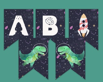 space dinosaur theme birthday party banner, personalized printable happy birthday banner, bunting baby shower banner, party decorations