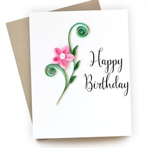 Happy birthday card. Paper flower in pink. Cute postcard for mom, sister, grandma, nana, aunt, best friend, cousin, office coworker