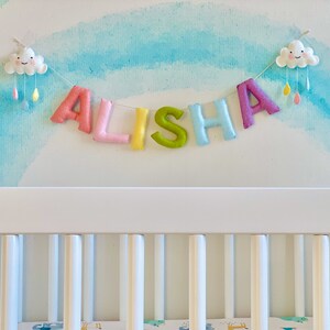 felt name banner pastel rainbow theme with clouds custom baby name garland newborn name sign neutral nursery high chair banner image 3