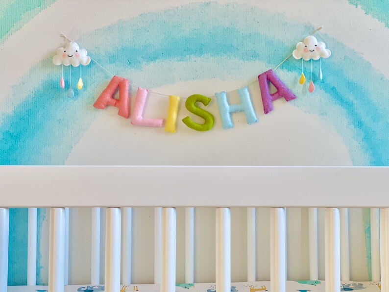 felt name banner pastel rainbow theme with clouds custom baby name garland newborn name sign neutral nursery high chair banner image 3