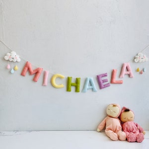 Baby Name Banner, Felt Name Banner, Nursery Wall Art, Baby Shower Gift, Newborn Baby Girl Gift 8 letters and clouds