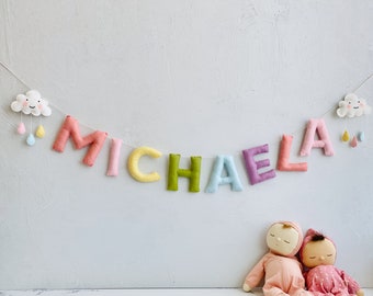 Banner per nome bambino, banner per nome in feltro, arte della parete della scuola materna, regalo per baby shower, regalo per neonata