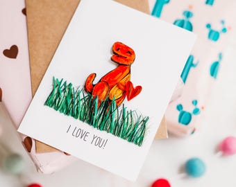 Dinosaur Birthday Card, T-Rex Card, Quilling Card, I Love You Birthday Card, Funny Birthday Card for Boyfriend