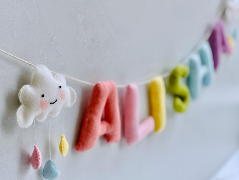 felt name banner pastel rainbow theme with clouds custom baby name garland newborn name sign neutral nursery high chair banner image 8