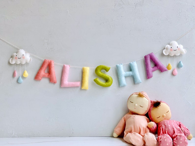 felt name banner pastel rainbow theme with clouds custom baby name garland newborn name sign neutral nursery high chair banner image 5