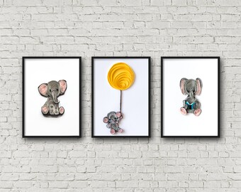 Set of 3. elephant nursery, elephant nursery art, elephant boy nursery, baby elephant decor, boy nursery decor, baby girl nursery