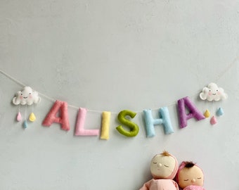 Name Sign for Nursery girl, Pastel Rainbow Felt Garland, Hanging Cloud, New Baby Gifts