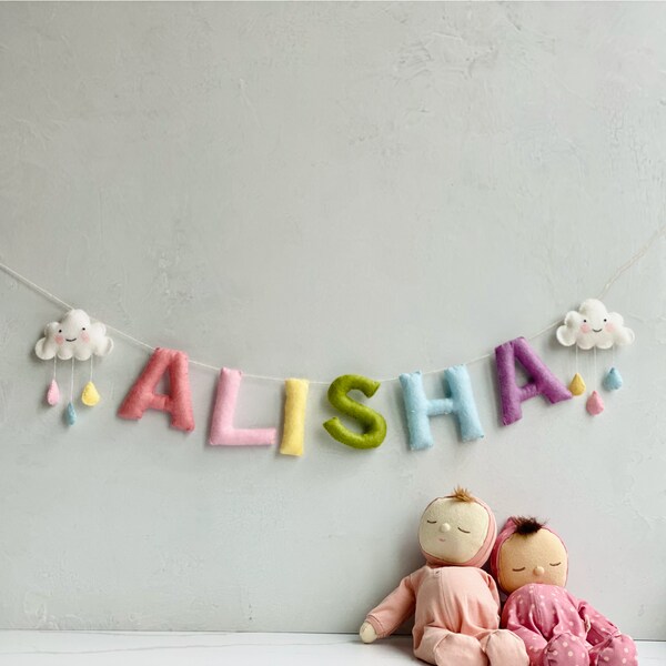 felt name banner | pastel rainbow theme with clouds | custom baby name garland | newborn name sign | neutral nursery | high chair banner