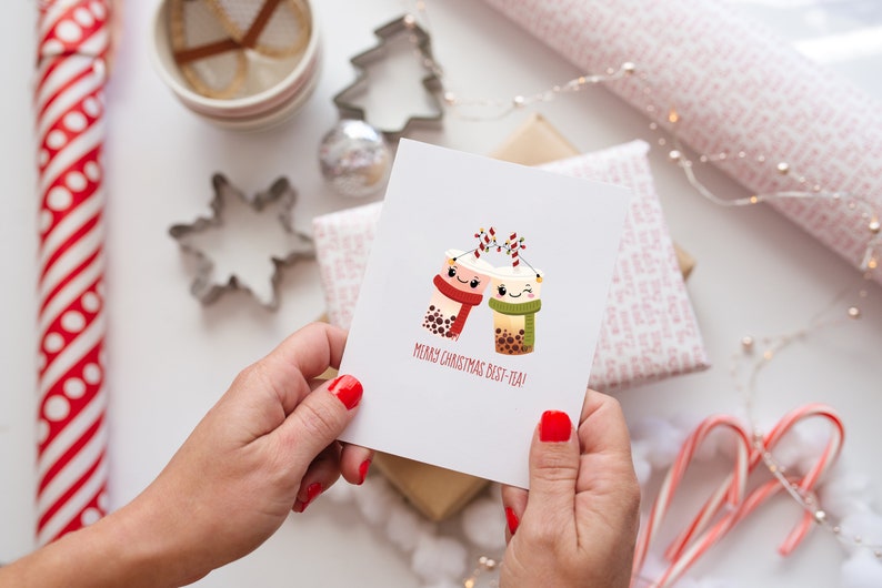 Asian Christmas Card, Cute Card for boba tea lovers, Funny Kawaii Holiday Card, Bubble tea Christmas Card, Card for bestie, best friend image 3